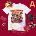 White t-shirt with 'Wolf Pack Cheer' design on a red background with decorative elements.