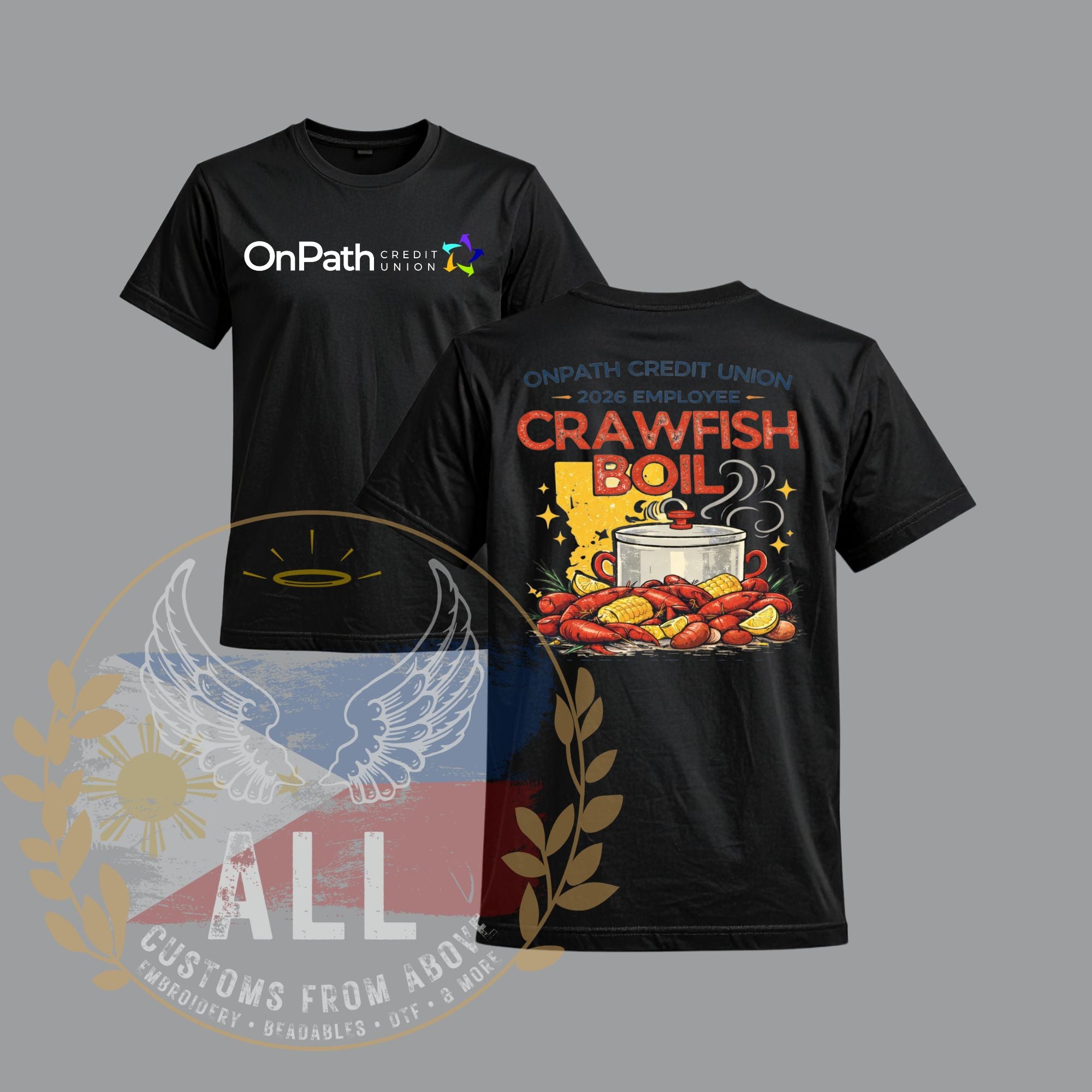 Black t-shirt with 'OnPath Credit Union' logo on front and crawfish boil graphic on back, on a gray background.