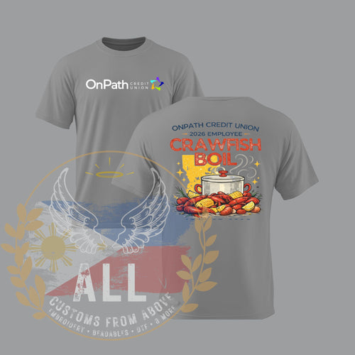 Gray t-shirt with OnPath Credit Union logo and crawfish boil graphic on a gray background