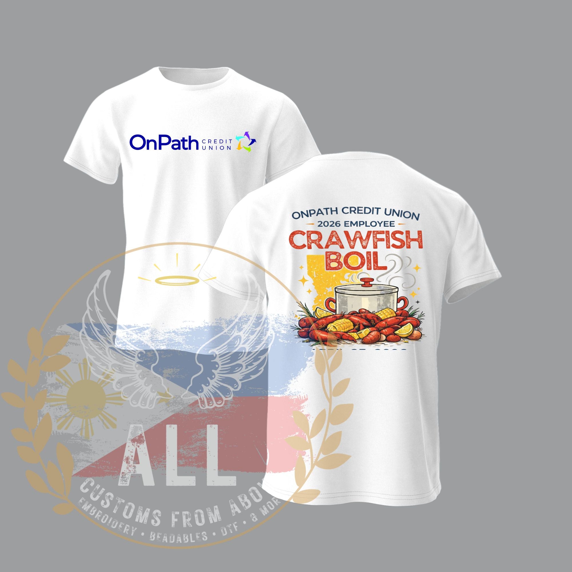 White t-shirt with 'OnPath Credit Union Crawfish Boil' design on a gray background