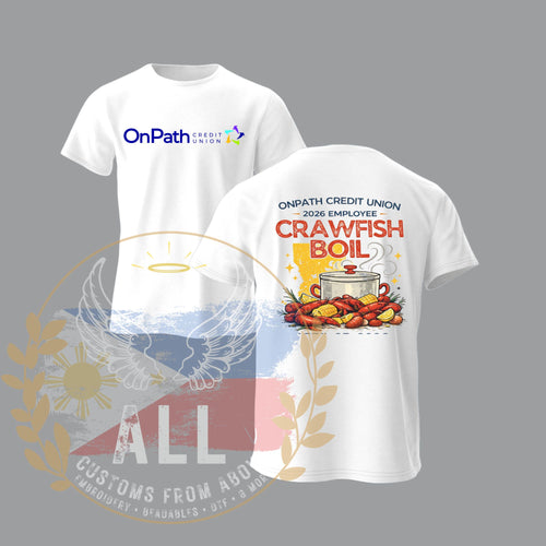 White t-shirt with 'OnPath Credit Union Crawfish Boil' design on a gray background